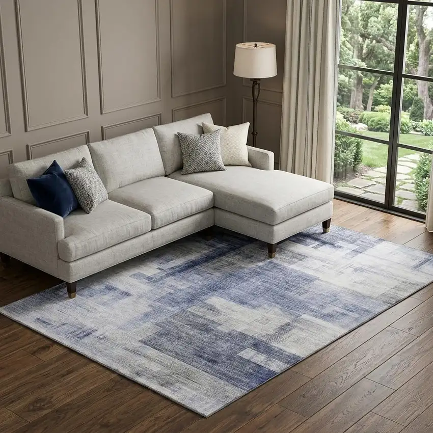 Denim Blue And Ivory Abstract Geometric Washable Area Rug With UV Protection Photo 1