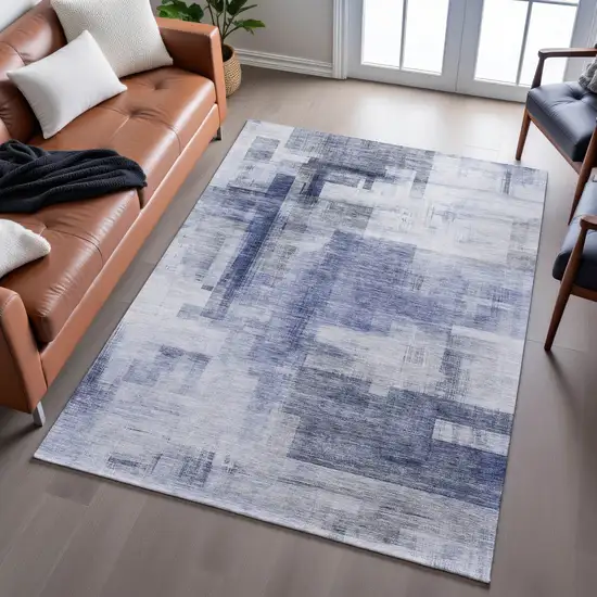 Denim Blue And Ivory Abstract Geometric Washable Area Rug With UV Protection Photo 5