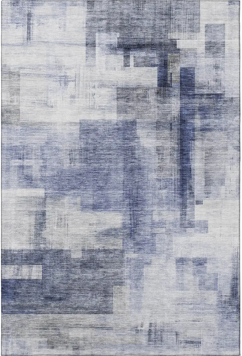Denim Blue And Ivory Abstract Geometric Washable Area Rug With UV Protection Photo 3