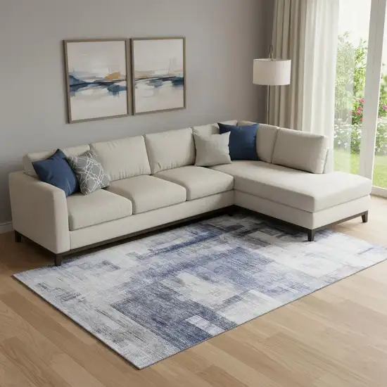 Denim Blue And Ivory Abstract Geometric Washable Area Rug With UV Protection Photo 2
