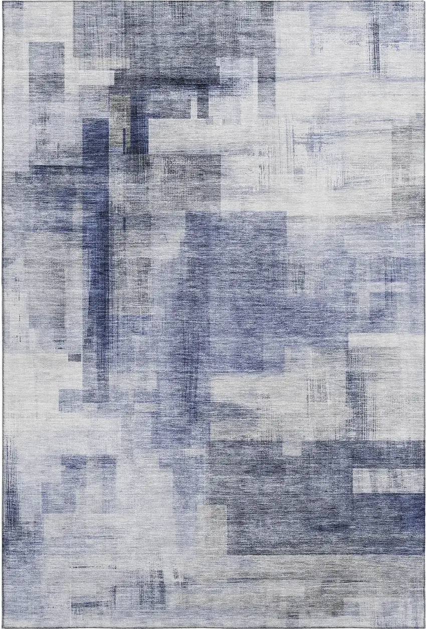 Denim Blue And Ivory Abstract Geometric Washable Area Rug With UV Protection Photo 1