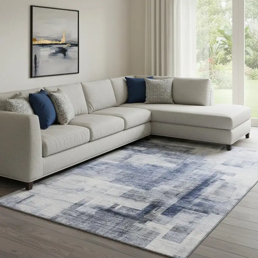 Denim Blue And Ivory Abstract Geometric Washable Area Rug With UV Protection Photo 2