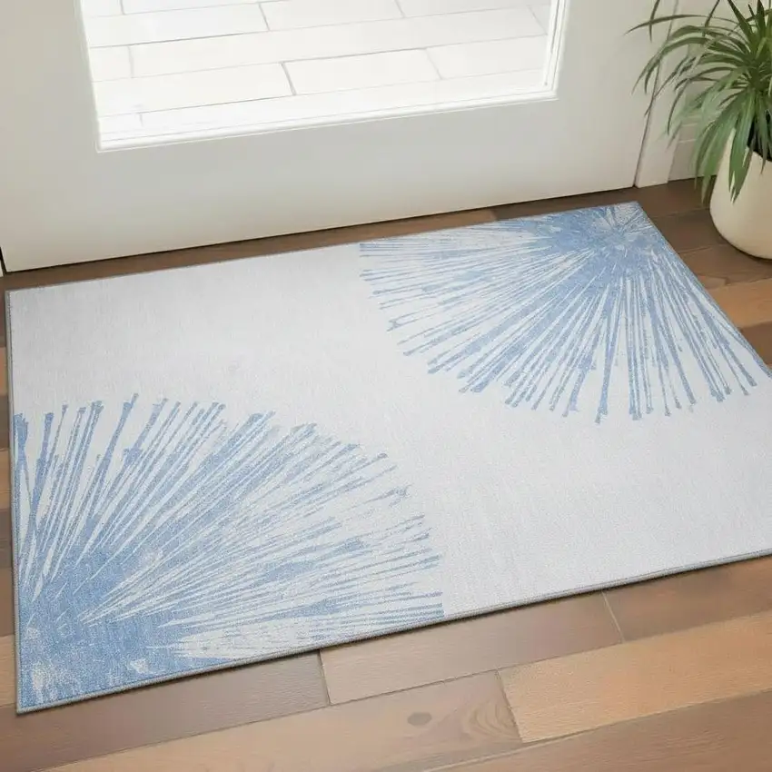 Denim Blue And Ivory Abstract Washable Area Rug With UV Protection Photo 1