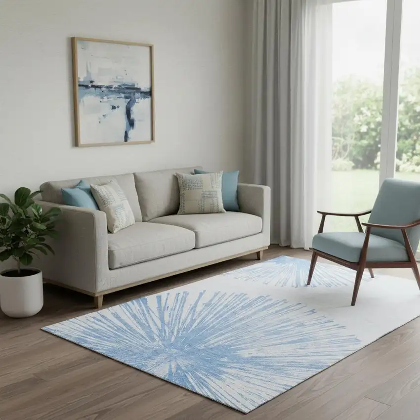 Denim Blue And Ivory Abstract Washable Area Rug With UV Protection Photo 1