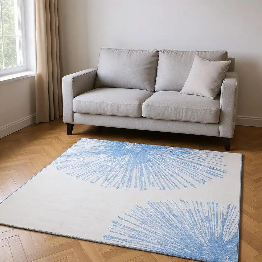 Denim Blue And Ivory Abstract Washable Area Rug With UV Protection Photo 2