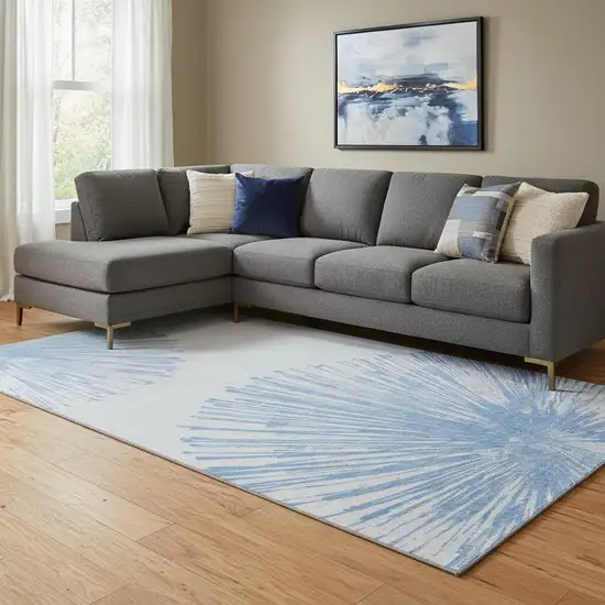 Denim Blue And Ivory Abstract Washable Area Rug With UV Protection Photo 1