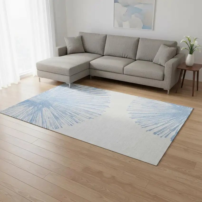 Denim Blue And Ivory Abstract Washable Area Rug With UV Protection Photo 2