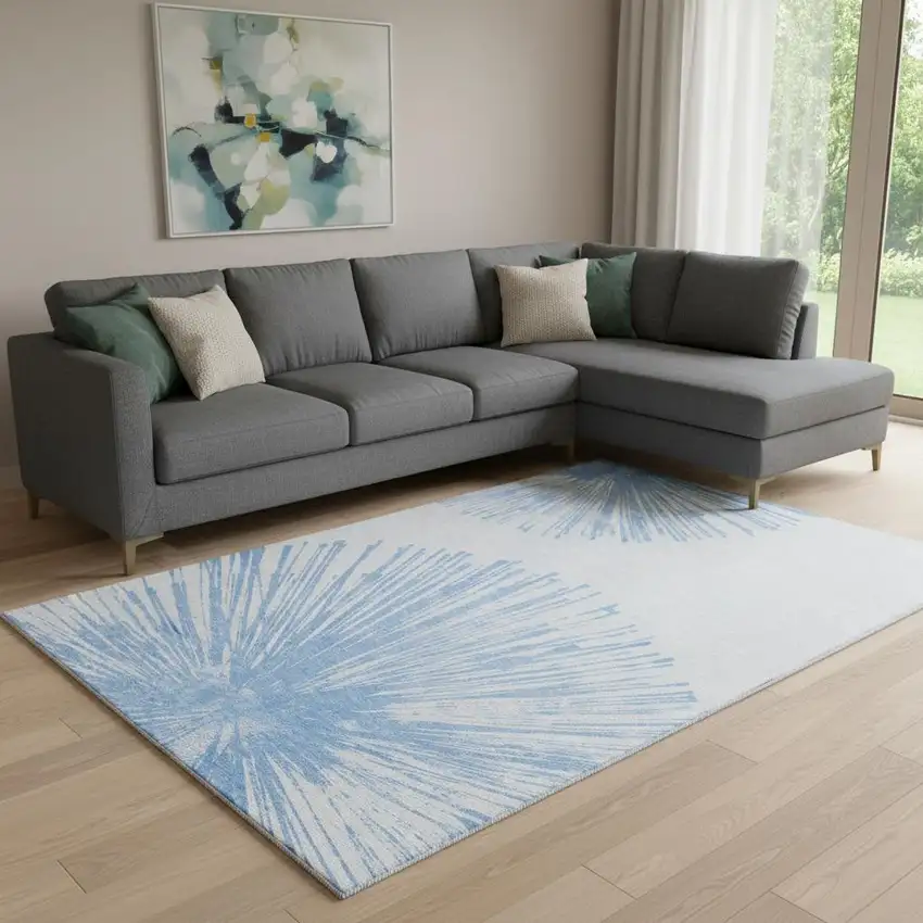 Denim Blue And Ivory Abstract Washable Area Rug With UV Protection Photo 1