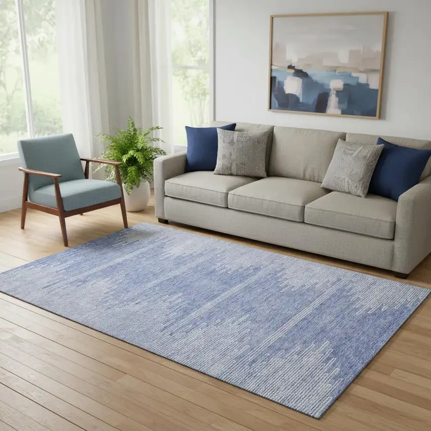 Denim Blue And Ivory Abstract Washable Area Rug With UV Protection Photo 1