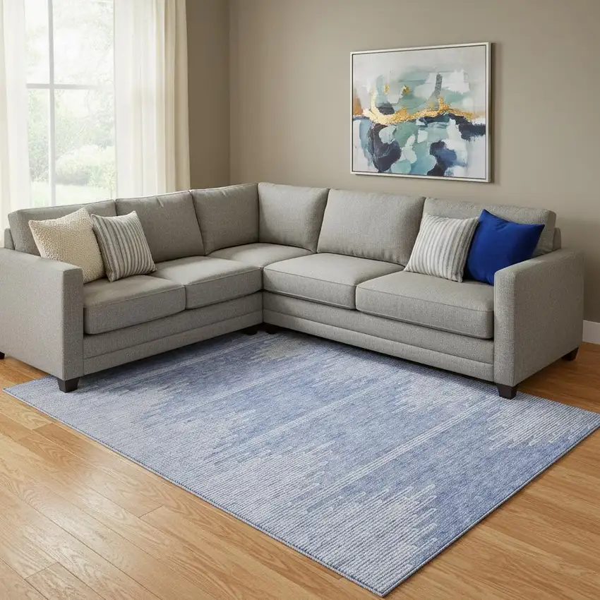 Denim Blue And Ivory Abstract Washable Area Rug With UV Protection Photo 1