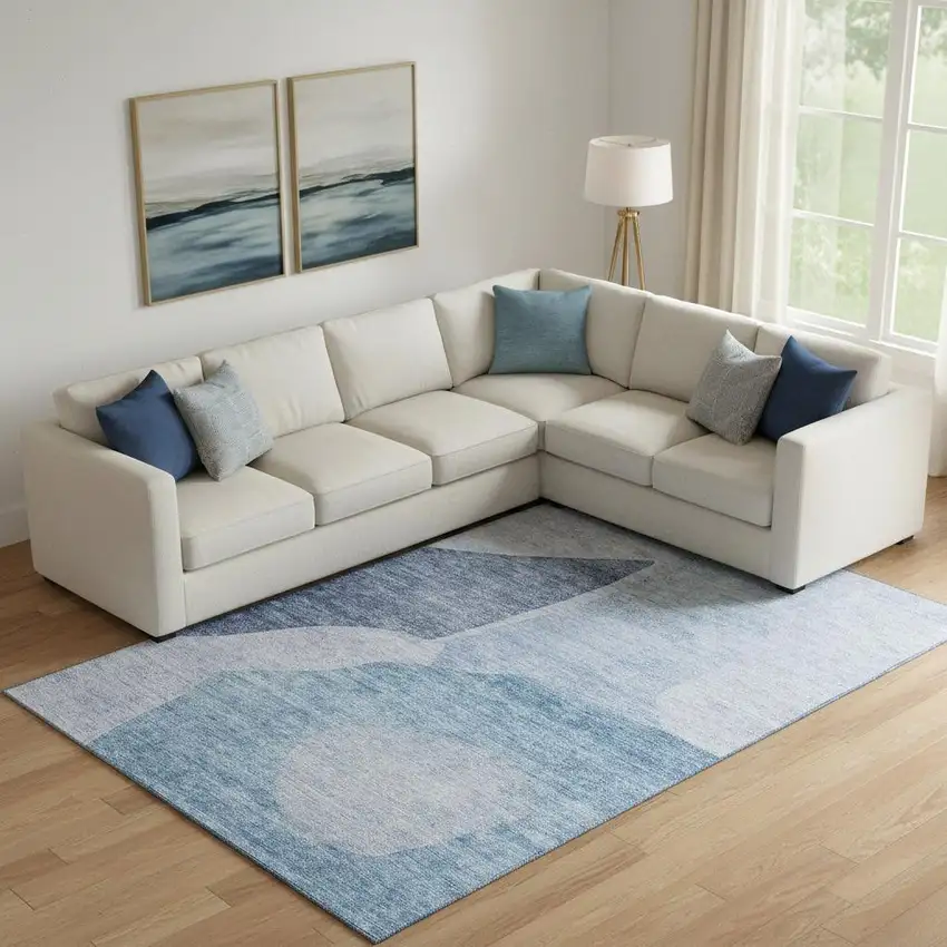 Denim Blue And Ivory Abstract Washable Area Rug With UV Protection Photo 1