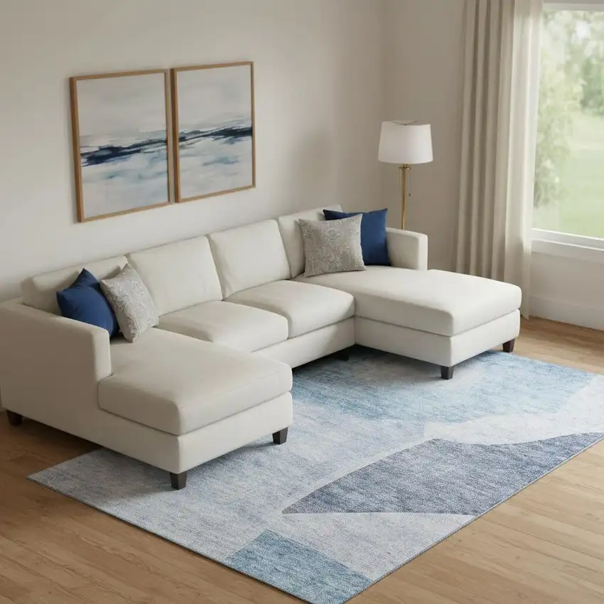 Denim Blue And Ivory Abstract Washable Area Rug With UV Protection Photo 1