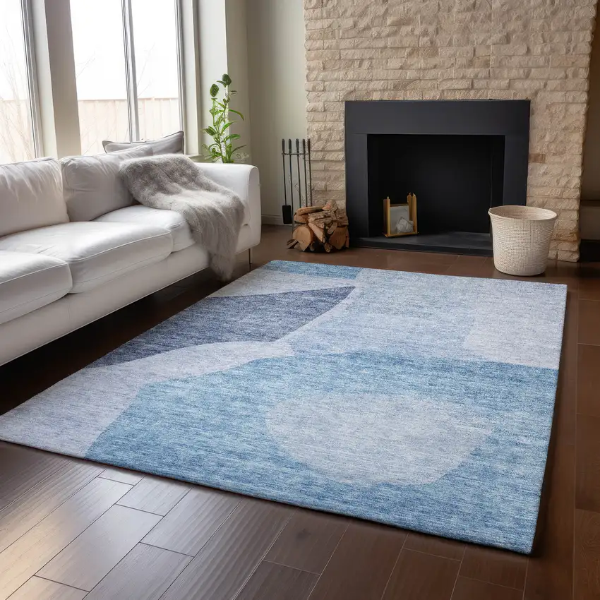 Denim Blue And Ivory Abstract Washable Area Rug With UV Protection Photo 5