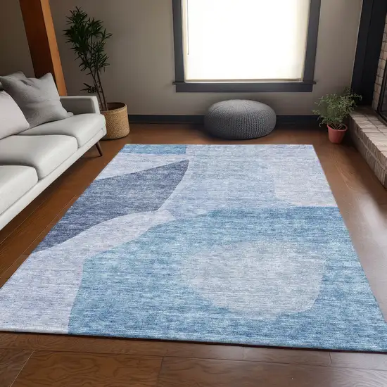 Denim Blue And Ivory Abstract Washable Area Rug With UV Protection Photo 4