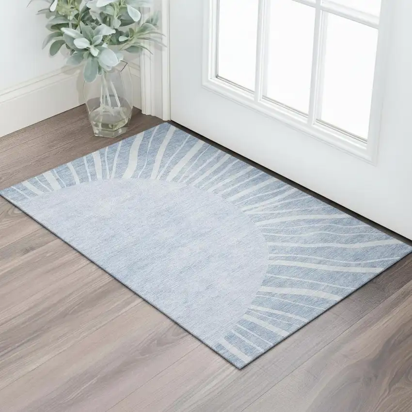 Denim Blue And Ivory Abstract Washable Area Rug With UV Protection Photo 1