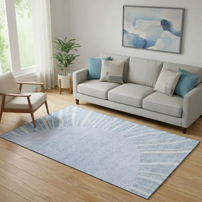 Denim Blue And Ivory Abstract Washable Area Rug With UV Protection Photo 1