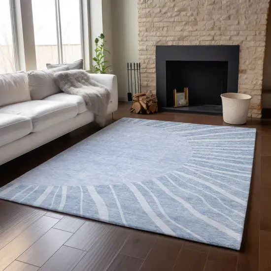 Denim Blue And Ivory Abstract Washable Area Rug With UV Protection Photo 5