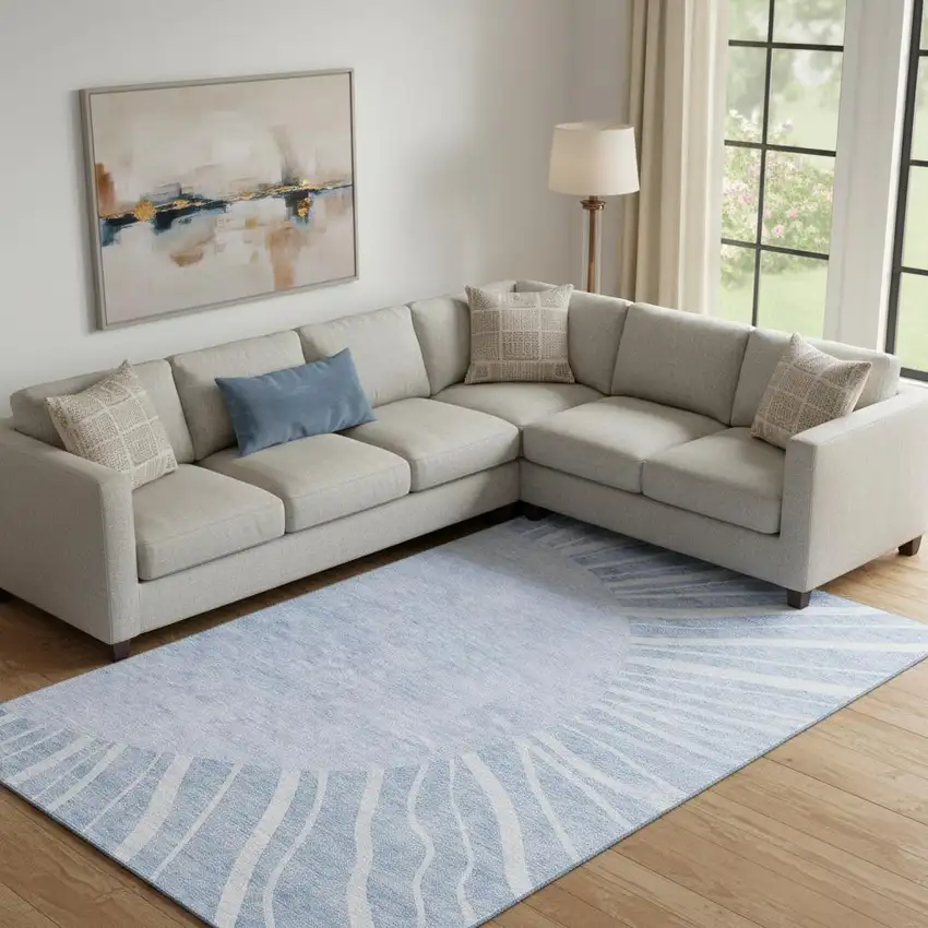Denim Blue And Ivory Abstract Washable Area Rug With UV Protection Photo 1