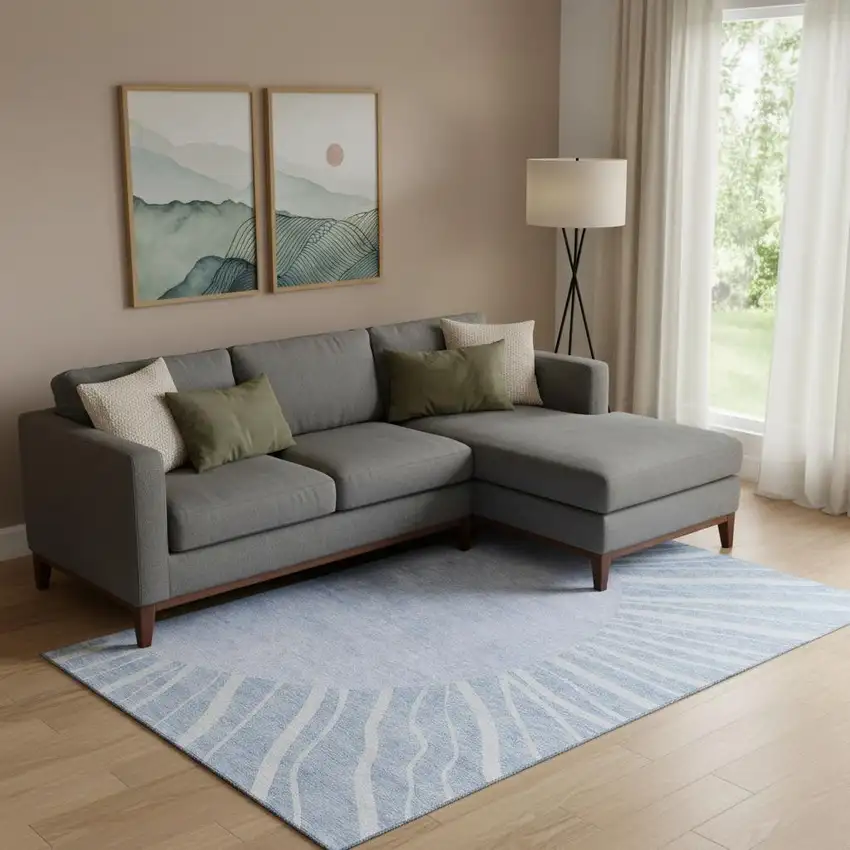 Denim Blue And Ivory Abstract Washable Area Rug With UV Protection Photo 1