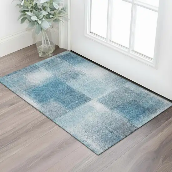 Denim Blue And Ivory Abstract Washable Area Rug With UV Protection Photo 1