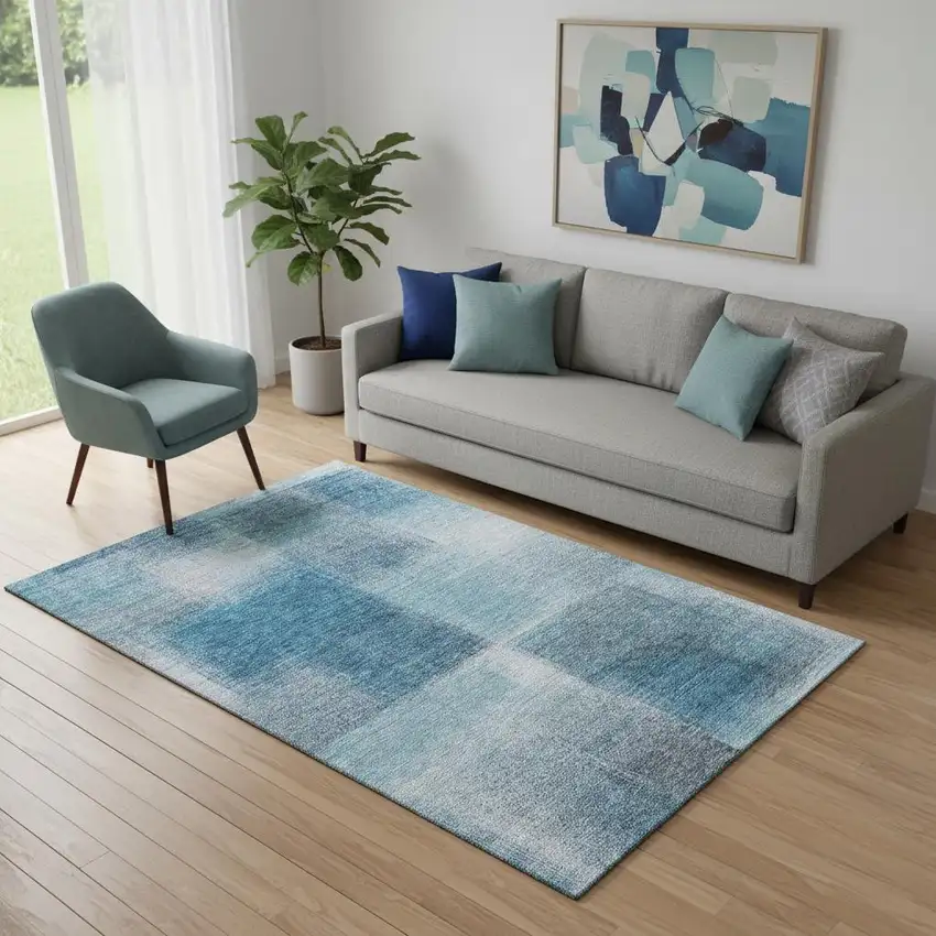 Denim Blue And Ivory Abstract Washable Area Rug With UV Protection Photo 1