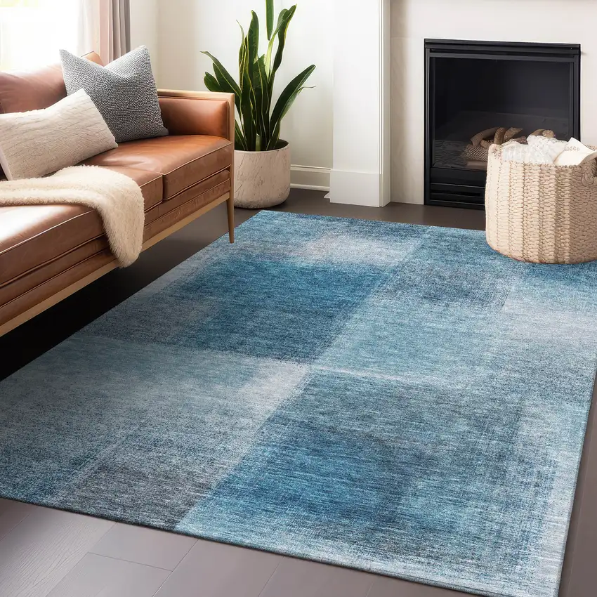 Denim Blue And Ivory Abstract Washable Area Rug With UV Protection Photo 5