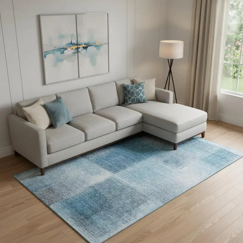 Denim Blue And Ivory Abstract Washable Area Rug With UV Protection Photo 1