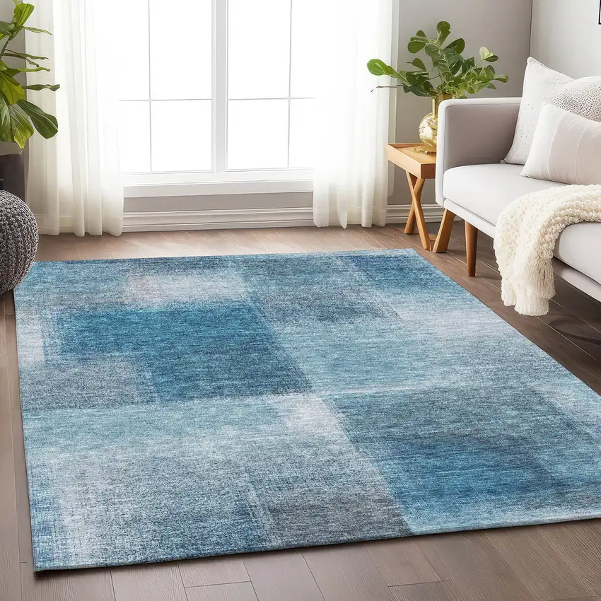 Denim Blue And Ivory Abstract Washable Area Rug With UV Protection Photo 3