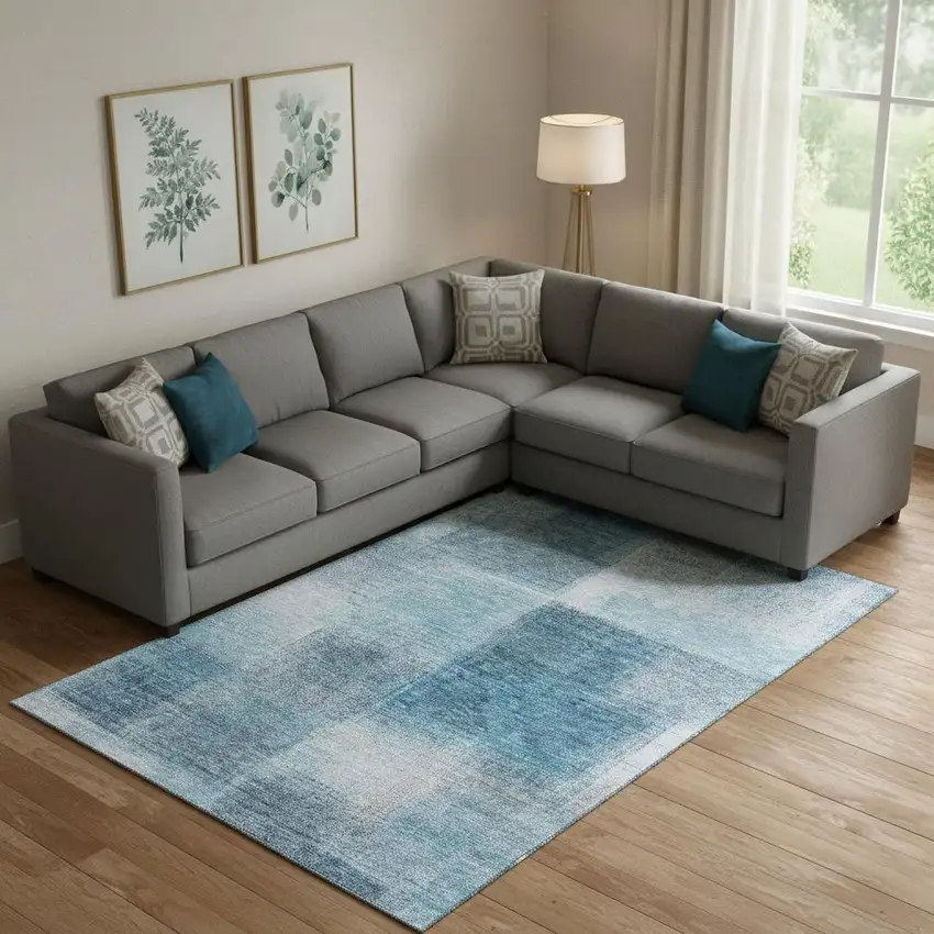 Denim Blue And Ivory Abstract Washable Area Rug With UV Protection Photo 1