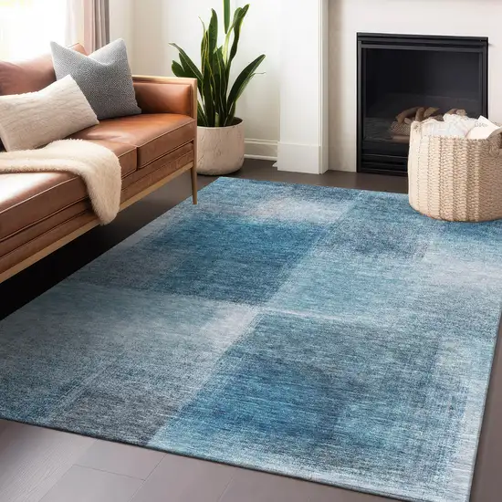 Denim Blue And Ivory Abstract Washable Area Rug With UV Protection Photo 5