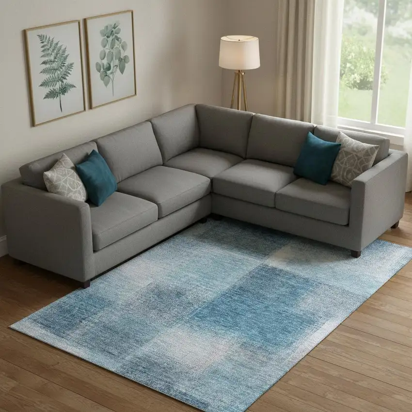 Denim Blue And Ivory Abstract Washable Area Rug With UV Protection Photo 1