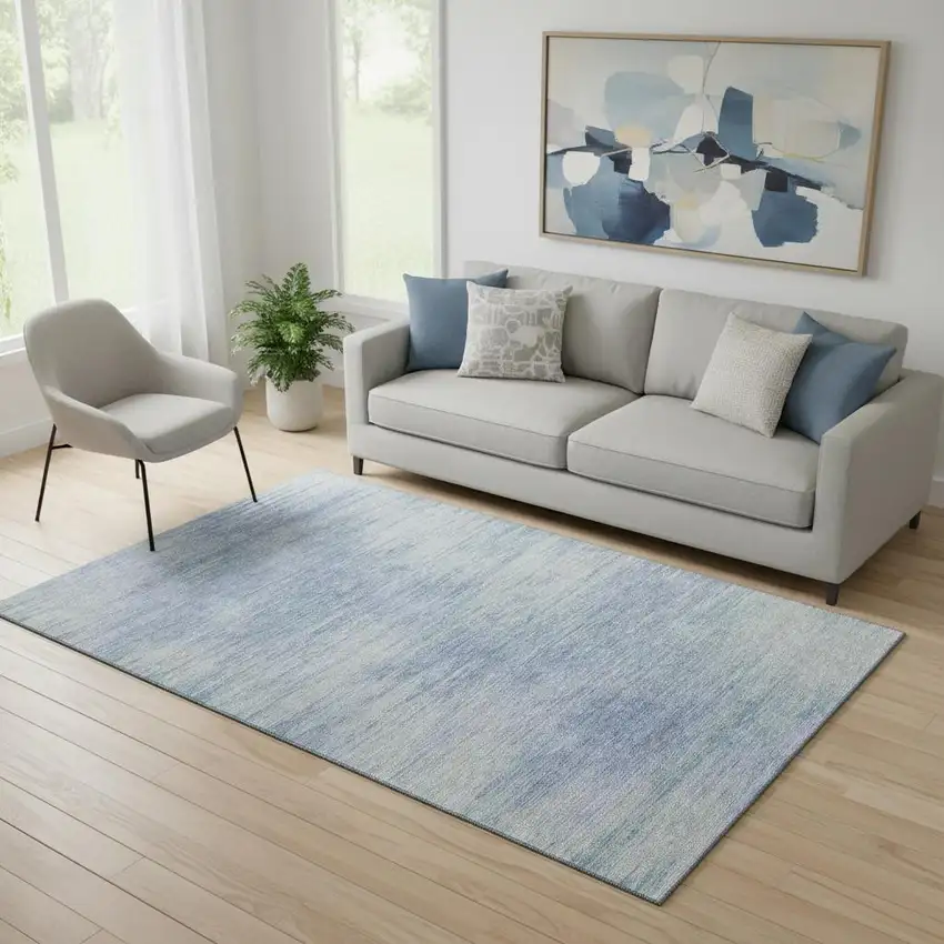 Denim Blue And Ivory Abstract Washable Area Rug With UV Protection Photo 1