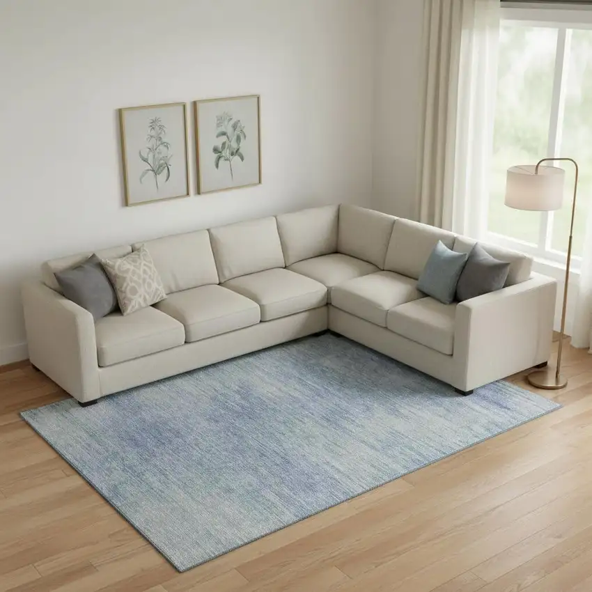 Denim Blue And Ivory Abstract Washable Area Rug With UV Protection Photo 1