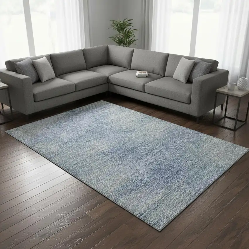 Denim Blue And Ivory Abstract Washable Area Rug With UV Protection Photo 2