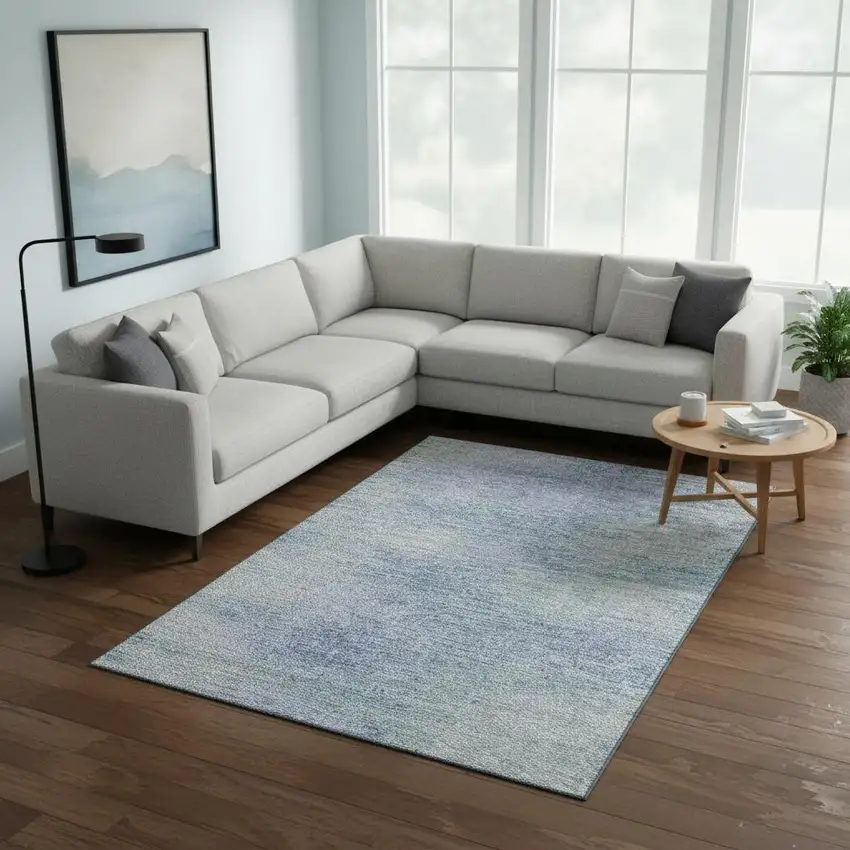 Denim Blue And Ivory Abstract Washable Area Rug With UV Protection Photo 2