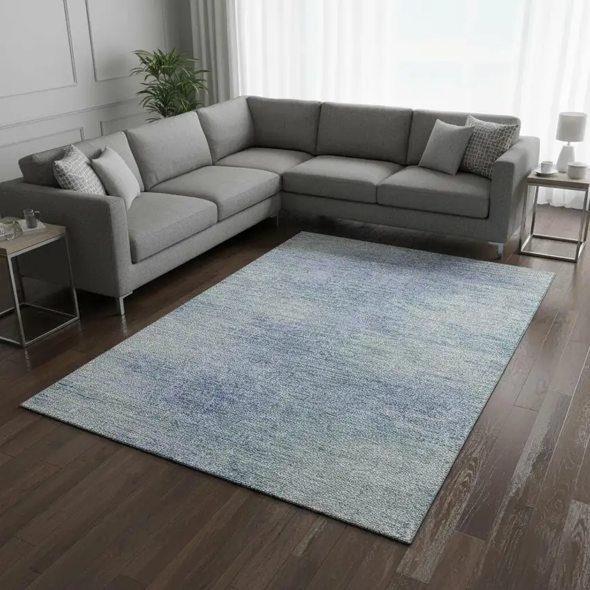 Denim Blue And Ivory Abstract Washable Area Rug With UV Protection Photo 2