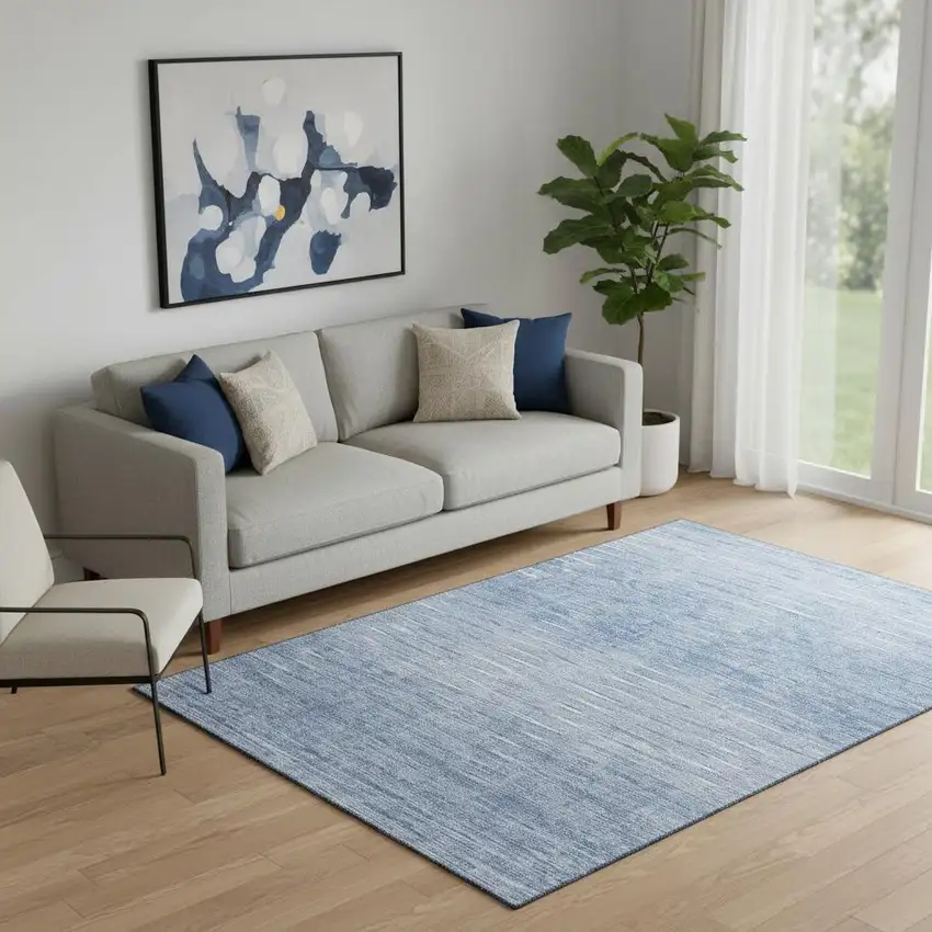 Denim Blue And Ivory Abstract Washable Area Rug With UV Protection Photo 1