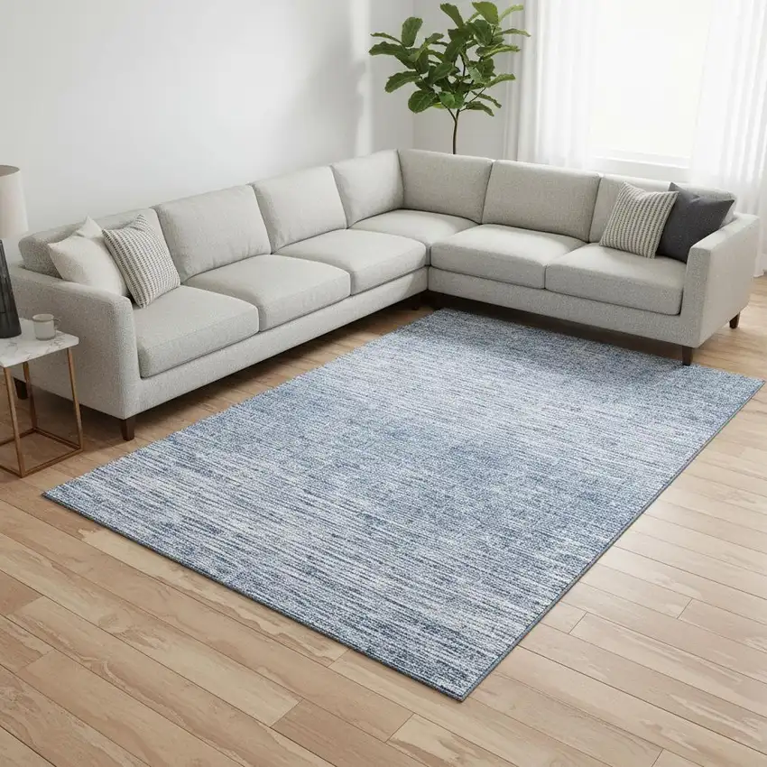 Denim Blue And Ivory Abstract Washable Area Rug With UV Protection Photo 2