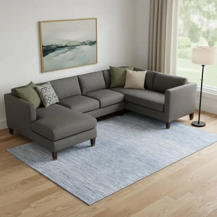 Denim Blue And Ivory Abstract Washable Area Rug With UV Protection Photo 1