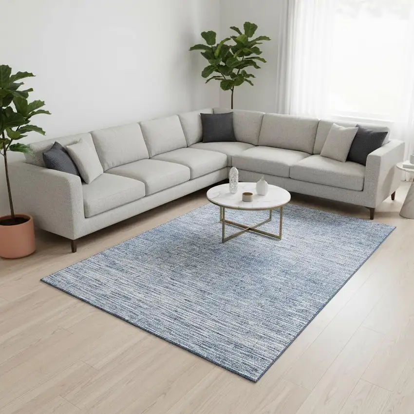 Denim Blue And Ivory Abstract Washable Area Rug With UV Protection Photo 2