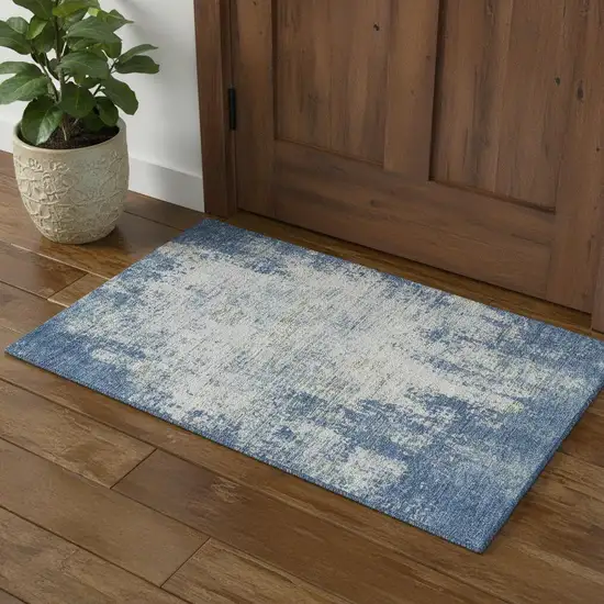 Denim Blue And Ivory Abstract Washable Area Rug With UV Protection Photo 2