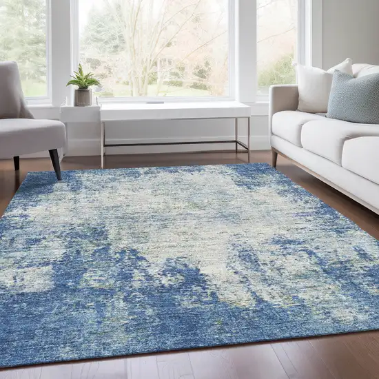 Denim Blue And Ivory Abstract Washable Area Rug With UV Protection Photo 5