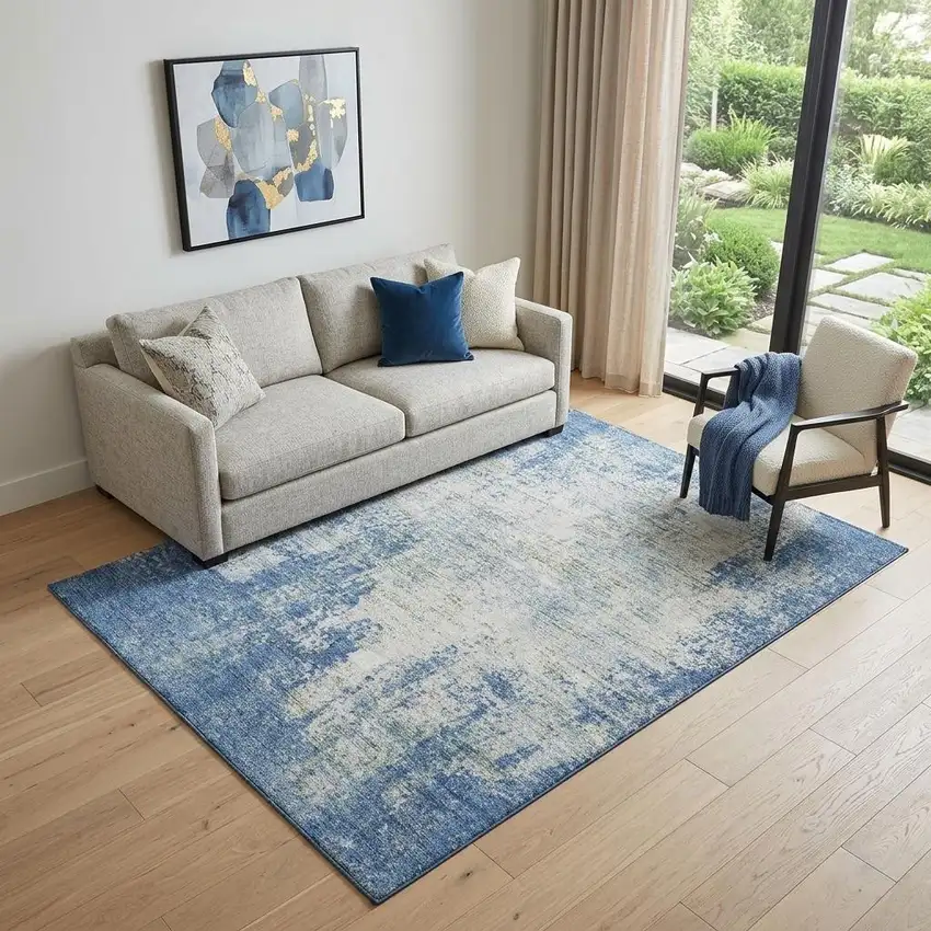 Denim Blue And Ivory Abstract Washable Area Rug With UV Protection Photo 1