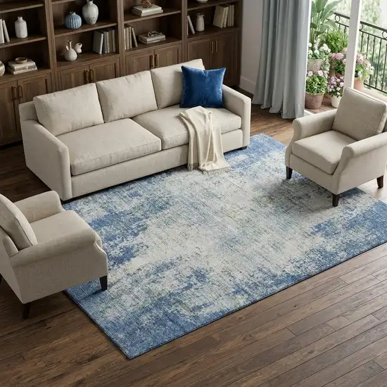 Denim Blue And Ivory Abstract Washable Area Rug With UV Protection Photo 1