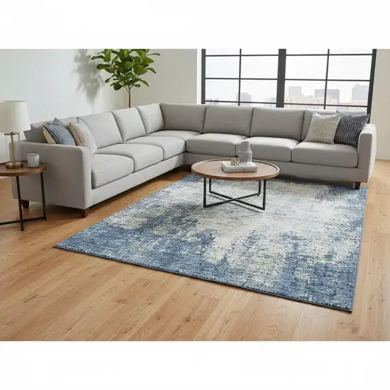 Denim Blue And Ivory Abstract Washable Area Rug With UV Protection Photo 2