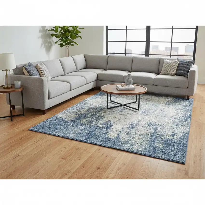 Denim Blue And Ivory Abstract Washable Area Rug With UV Protection Photo 2