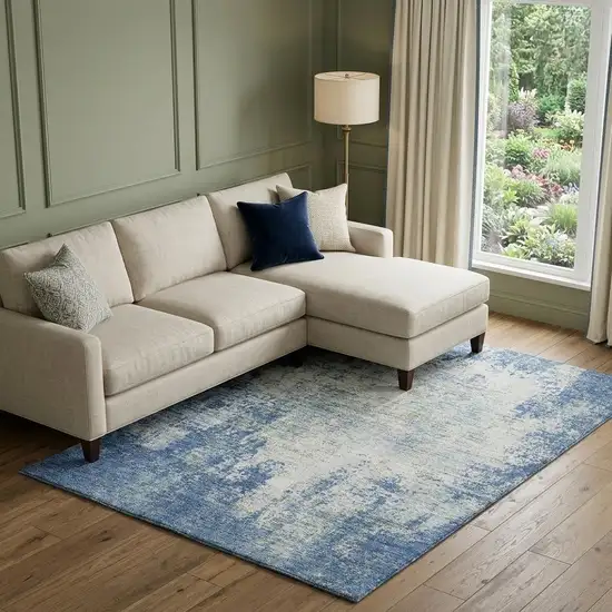 Denim Blue And Ivory Abstract Washable Area Rug With UV Protection Photo 1
