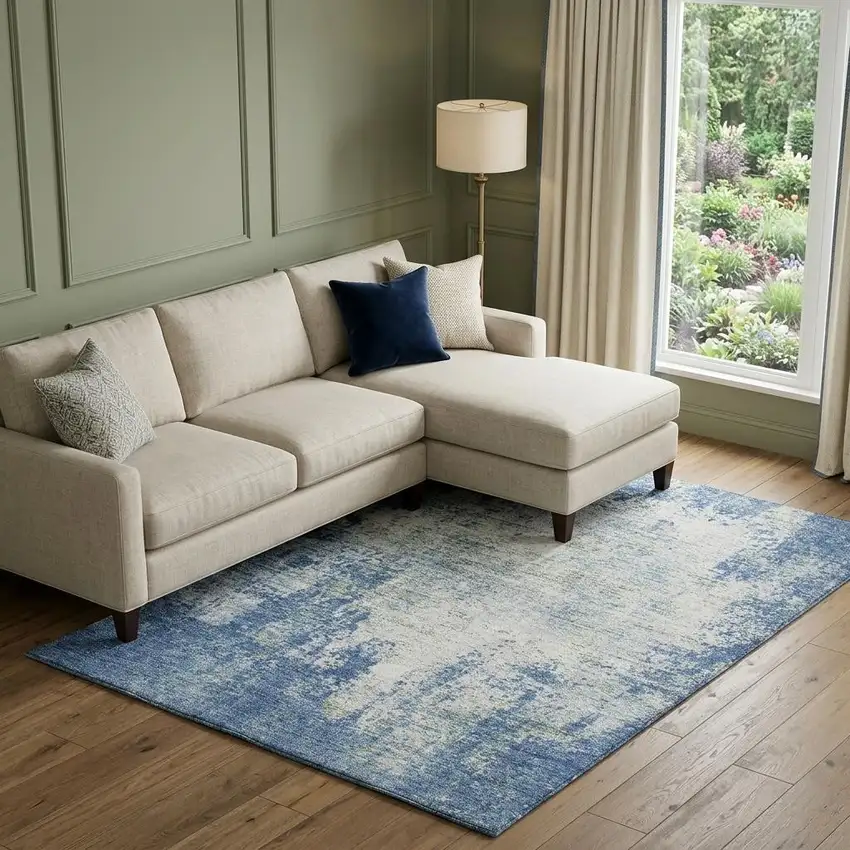Denim Blue And Ivory Abstract Washable Area Rug With UV Protection Photo 1