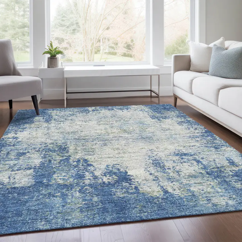 Denim Blue And Ivory Abstract Washable Area Rug With UV Protection Photo 5