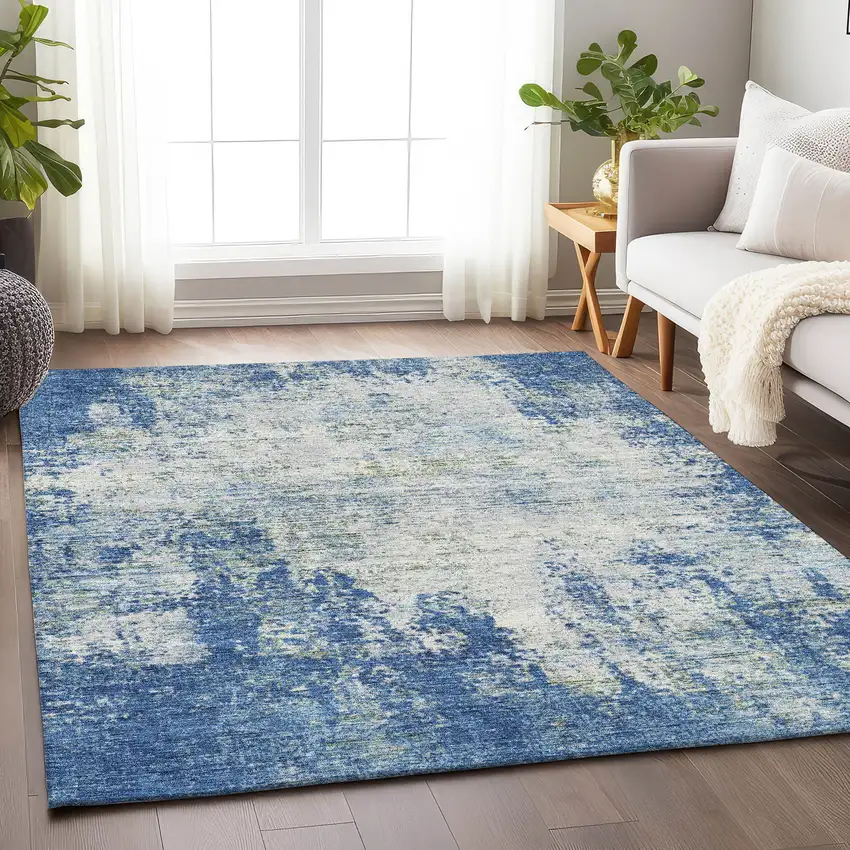 Denim Blue And Ivory Abstract Washable Area Rug With UV Protection Photo 4